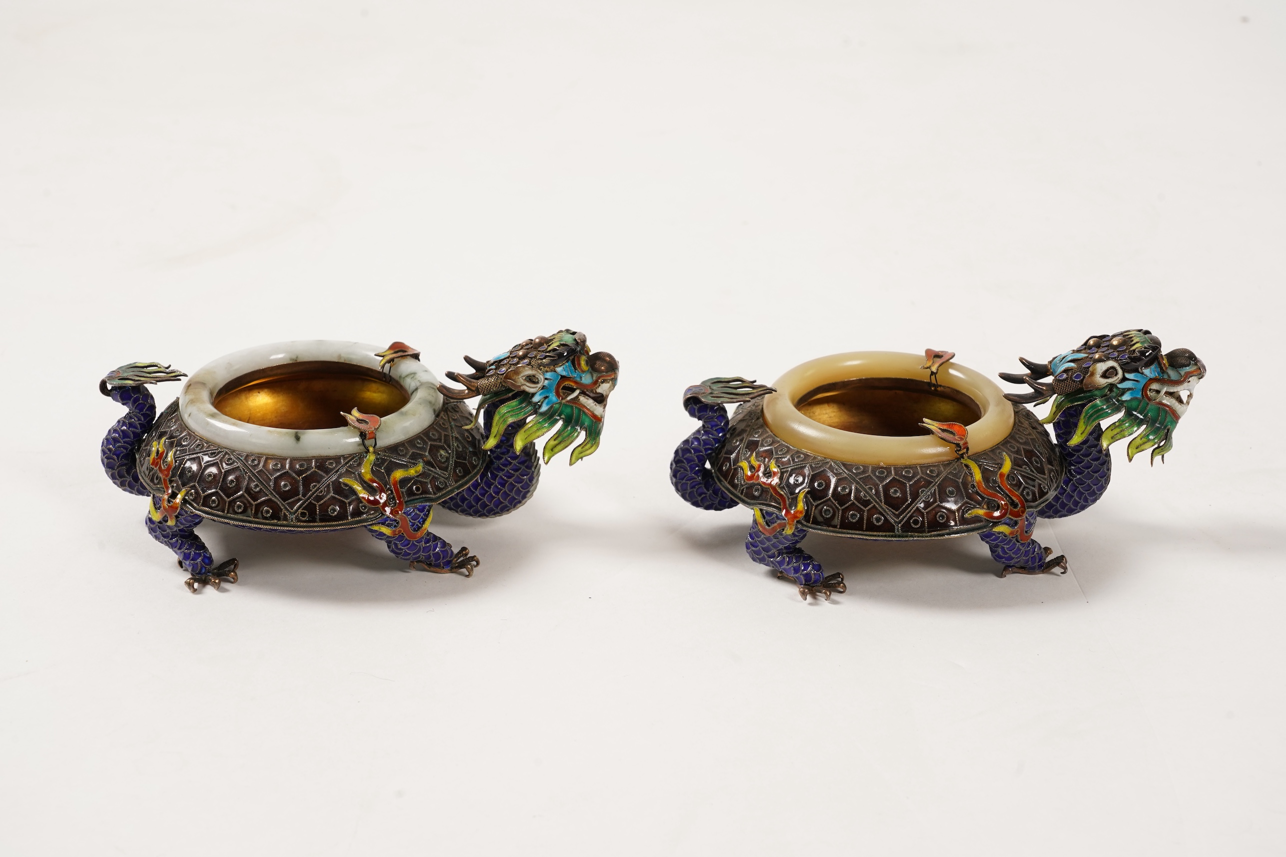 A pair of Chinese silver-gilt and enamel ’dragon’ bowls, 20th century